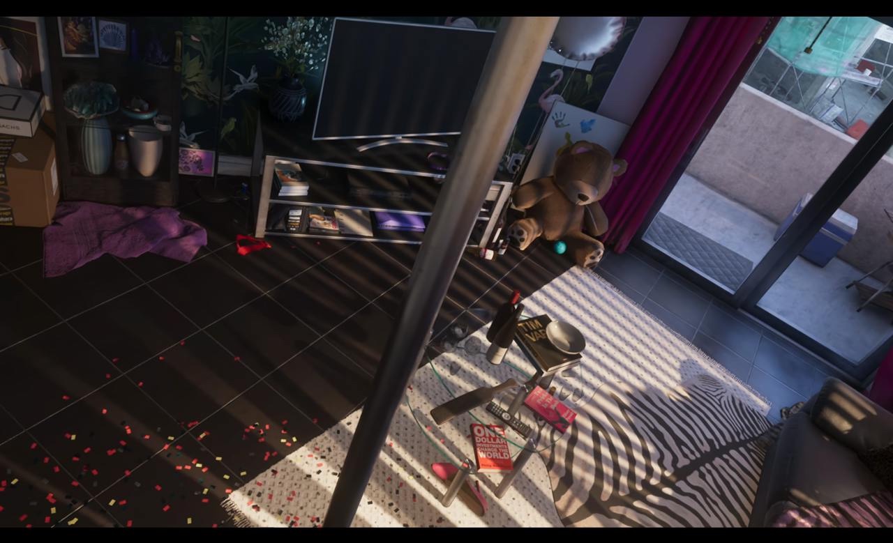 The full apartment interior from the GTA VI trailer, the red book visible on the glass coffee table